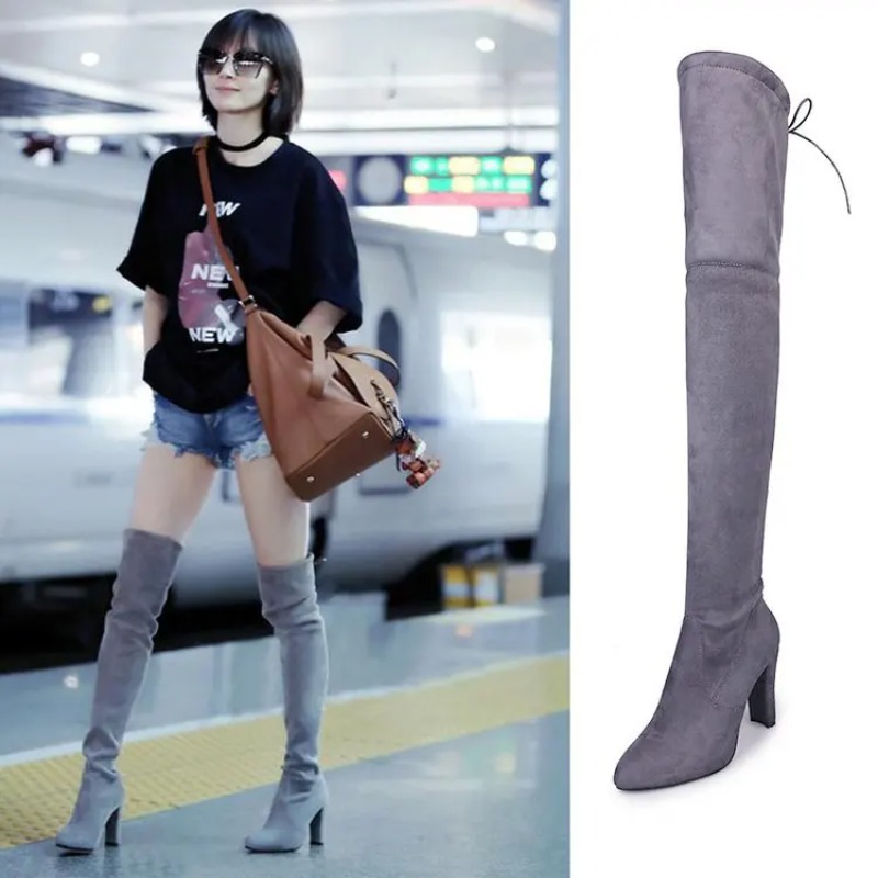 Knee High Sock Women - รองเท้าบูทสตรีทรงสูงระดับเข่า สไตล์ยุโรปและอเมริกาใหม่ ไซส์ใหญ่ ส้นสูง หัวมน ผิวด้าน