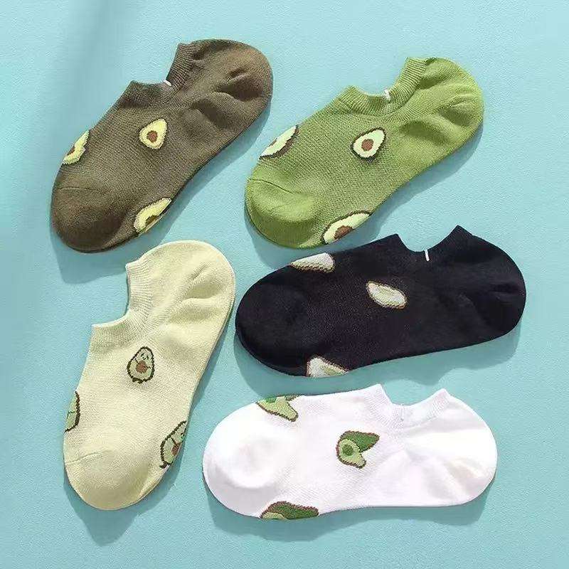 No Show Sock Women - ถุงเท้าข้อสั้นลายการ์ตูนอะโวคาโด 5 คู่ แฟชั่นใหม่ สดใส ระบายอากาศได้ดี