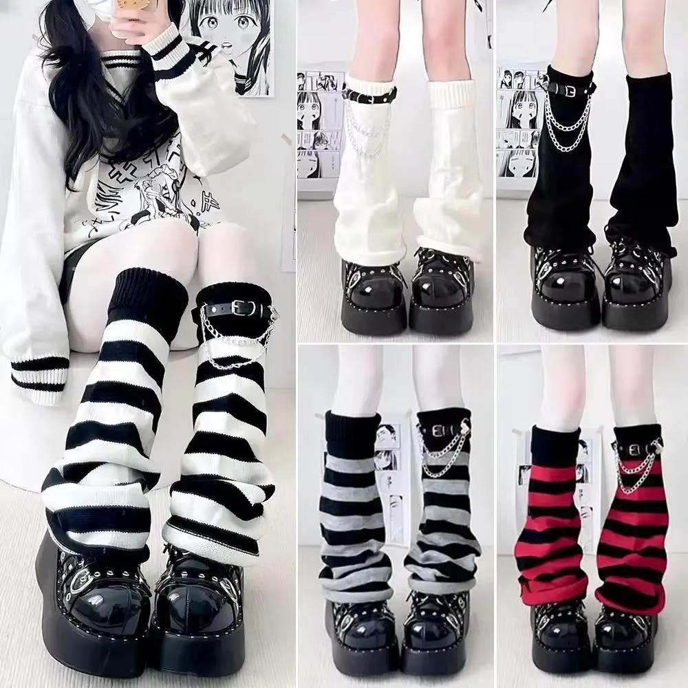 Boot Sock Slouchy - ถุงเท้าบูทถักลายทางสไตล์กอธิคฮาราจูกุแบบหลวมๆ พร้อมสายโซ่สำหรับผู้หญิง